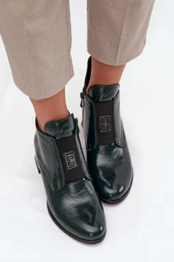 Zazoo Botki Ocieplane|Botki Zimowe Damskie*Skórzane Lakierowane Botki Na Klocku Z Ozdobnym Detalem Ocieplane 60560 Ciemnozielone Zielony