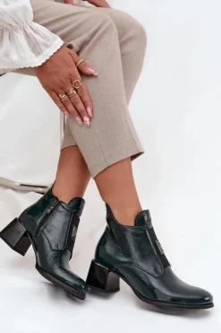 Zazoo Botki Ocieplane|Botki Zimowe Damskie*Skórzane Lakierowane Botki Na Klocku Z Ozdobnym Detalem Ocieplane 60560 Ciemnozielone Zielony