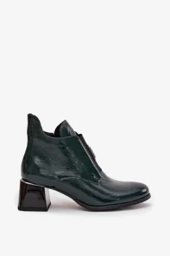 Zazoo Botki Ocieplane|Botki Zimowe Damskie*Skórzane Lakierowane Botki Na Klocku Z Ozdobnym Detalem Ocieplane 60560 Ciemnozielone Zielony