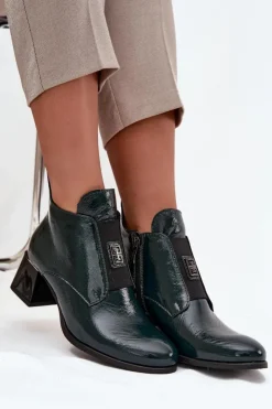 Zazoo Botki Ocieplane|Botki Zimowe Damskie*Skórzane Lakierowane Botki Na Klocku Z Ozdobnym Detalem Ocieplane 60560 Ciemnozielone Zielony