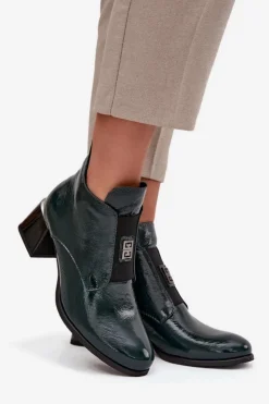 Zazoo Botki Ocieplane|Botki Zimowe Damskie*Skórzane Lakierowane Botki Na Klocku Z Ozdobnym Detalem Ocieplane 60560 Ciemnozielone Zielony
