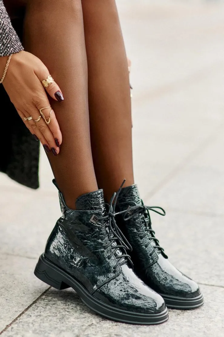 Damskie buty S.Barski Botki Ocieplane|Damskie Trapery*Skórzane Lakierowane Botki Damskie Ocieplane Na Zamek D&A LZ42-042 Ciemnozielone Zielony