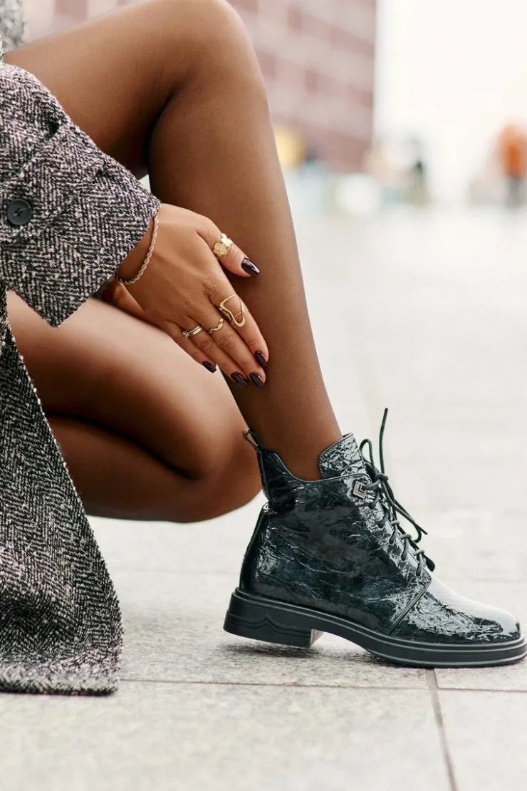 Damskie buty S.Barski Botki Ocieplane|Damskie Trapery*Skórzane Lakierowane Botki Damskie Ocieplane Na Zamek D&A LZ42-042 Ciemnozielone Zielony