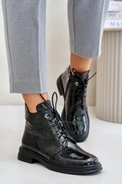 Damskie buty S.Barski Botki Ocieplane|Damskie Trapery*Skórzane Lakierowane Botki Damskie Ocieplane Na Zamek D&A LZ42-042 Ciemnozielone Zielony