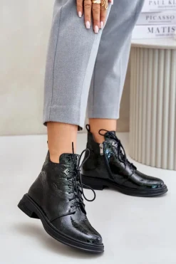 Damskie buty S.Barski Botki Ocieplane|Damskie Trapery*Skórzane Lakierowane Botki Damskie Ocieplane Na Zamek D&A LZ42-042 Ciemnozielone Zielony