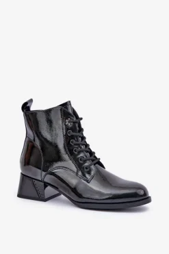 Damskie Damskie buty S.Barski Skórzane Lakierowane Botki Na Klocku Ocieplane D&A JC42-53 Czarne