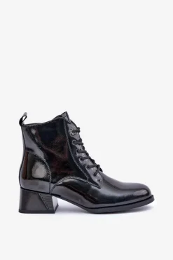 Damskie Damskie buty S.Barski Skórzane Lakierowane Botki Na Klocku Ocieplane D&A JC42-53 Czarne