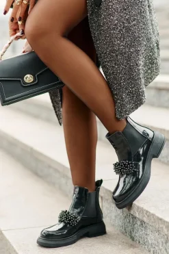 Evento Botki Ocieplane|Czarne Botki*Skórzane Lakierowane Botki Z Ozdobą Wsuwane Ocieplane Czarne Solimav
