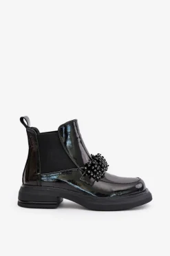 Evento Botki Ocieplane|Czarne Botki*Skórzane Lakierowane Botki Z Ozdobą Wsuwane Ocieplane Czarne Solimav