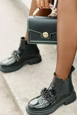 Evento Botki Ocieplane|Czarne Botki*Skórzane Lakierowane Botki Z Ozdobą Wsuwane Ocieplane Czarne Solimav