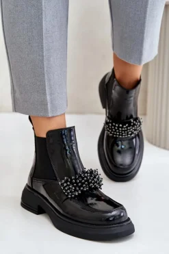 Evento Botki Ocieplane|Czarne Botki*Skórzane Lakierowane Botki Z Ozdobą Wsuwane Ocieplane Czarne Solimav
