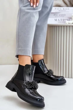 Evento Botki Ocieplane|Czarne Botki*Skórzane Lakierowane Botki Z Ozdobą Wsuwane Ocieplane Czarne Solimav