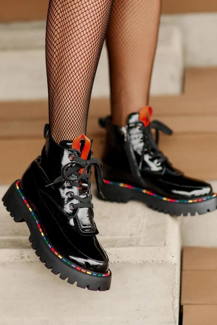 Sale Boto Skórzane Lakierowane Botki Workery Na Zamek Czarne Anafra