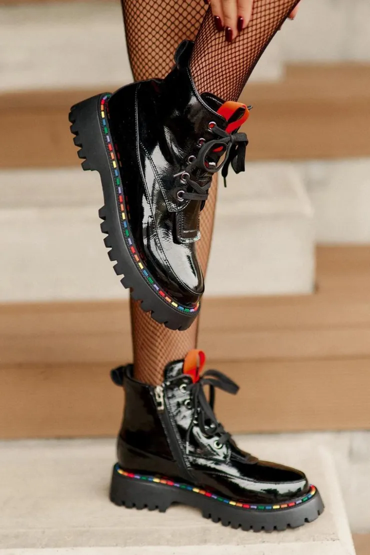 Sale Boto Skórzane Lakierowane Botki Workery Na Zamek Czarne Anafra