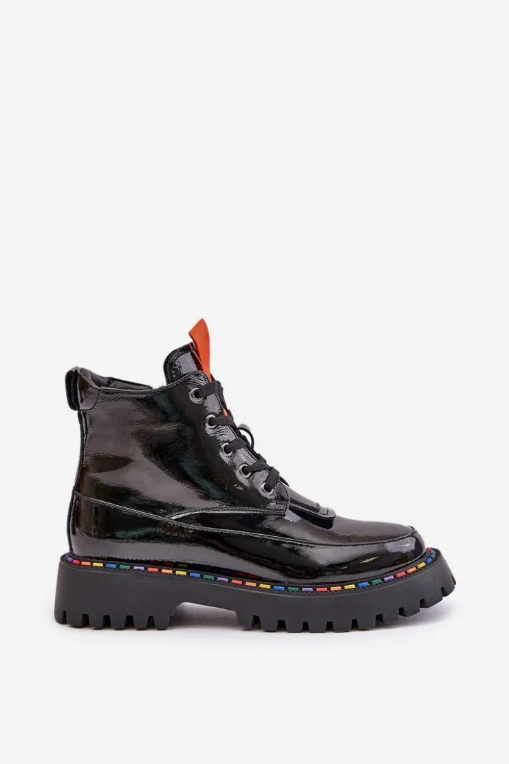 Sale Boto Skórzane Lakierowane Botki Workery Na Zamek Czarne Anafra