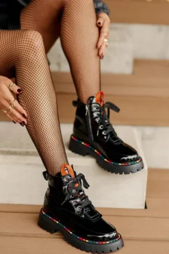 Sale Boto Skórzane Lakierowane Botki Workery Na Zamek Czarne Anafra