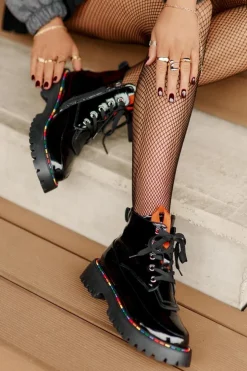 Sale Boto Skórzane Lakierowane Botki Workery Na Zamek Czarne Anafra