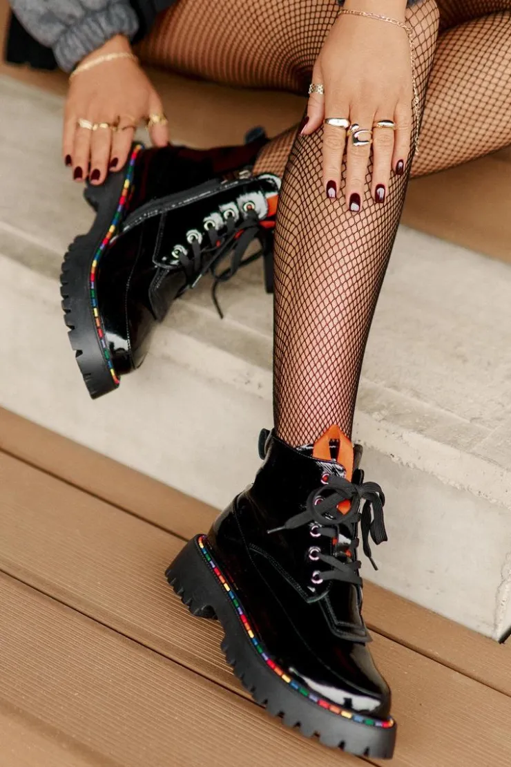 Sale Boto Skórzane Lakierowane Botki Workery Na Zamek Czarne Anafra