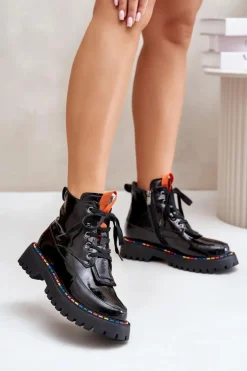 Sale Boto Skórzane Lakierowane Botki Workery Na Zamek Czarne Anafra