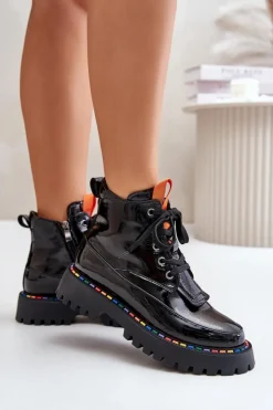 Sale Boto Skórzane Lakierowane Botki Workery Na Zamek Czarne Anafra