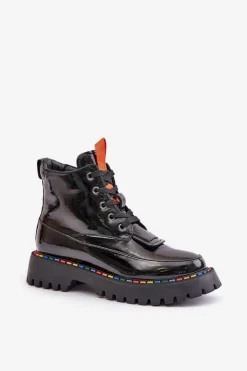 Sale Boto Skórzane Lakierowane Botki Workery Na Zamek Czarne Anafra