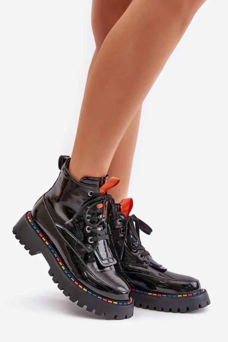 Sale Boto Skórzane Lakierowane Botki Workery Na Zamek Czarne Anafra