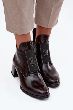 Online Zazoo Skórzane Lakierowane Botki Na Klocku Z Ozdobnym Detalem Ocieplane 60560 Bordowe Czerwony