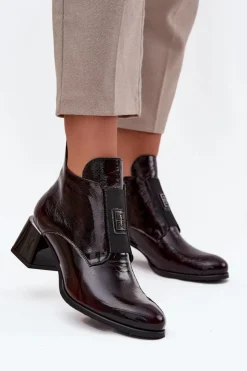 Online Zazoo Skórzane Lakierowane Botki Na Klocku Z Ozdobnym Detalem Ocieplane 60560 Bordowe Czerwony