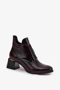 Online Zazoo Skórzane Lakierowane Botki Na Klocku Z Ozdobnym Detalem Ocieplane 60560 Bordowe Czerwony
