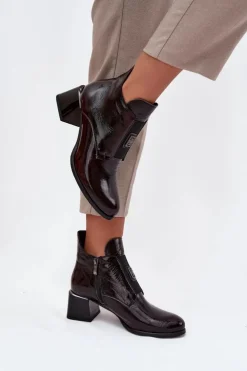 Online Zazoo Skórzane Lakierowane Botki Na Klocku Z Ozdobnym Detalem Ocieplane 60560 Bordowe Czerwony