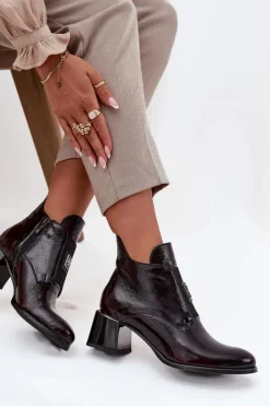 Online Zazoo Skórzane Lakierowane Botki Na Klocku Z Ozdobnym Detalem Ocieplane 60560 Bordowe Czerwony