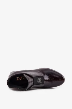 Online Zazoo Skórzane Lakierowane Botki Na Klocku Z Ozdobnym Detalem Ocieplane 60560 Bordowe Czerwony