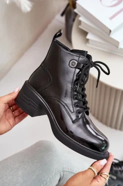 Damskie Damskie buty S.Barski Skórzane Lakierowane Botki Na Klocku Ocieplane D&A JC42-78 Czarne