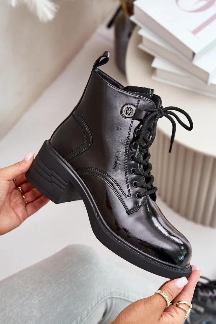 Damskie Damskie buty S.Barski Skórzane Lakierowane Botki Na Klocku Ocieplane D&A JC42-78 Czarne