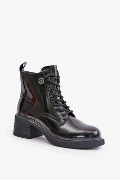 Damskie Damskie buty S.Barski Skórzane Lakierowane Botki Na Klocku Ocieplane D&A JC42-78 Czarne