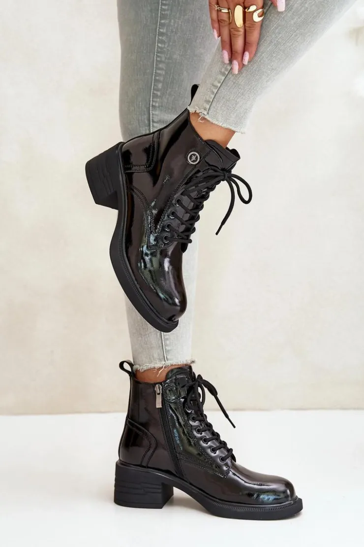 Damskie Damskie buty S.Barski Skórzane Lakierowane Botki Na Klocku Ocieplane D&A JC42-78 Czarne