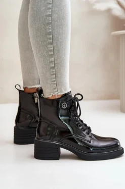 Damskie Damskie buty S.Barski Skórzane Lakierowane Botki Na Klocku Ocieplane D&A JC42-78 Czarne