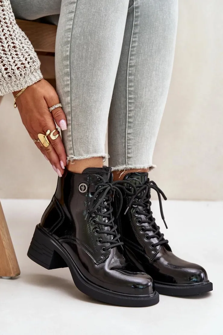 Damskie Damskie buty S.Barski Skórzane Lakierowane Botki Na Klocku Ocieplane D&A JC42-78 Czarne