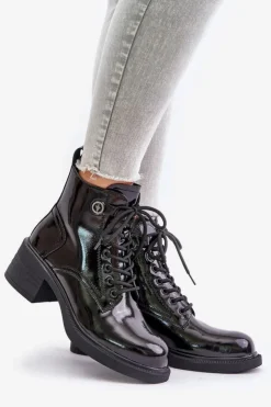 Damskie Damskie buty S.Barski Skórzane Lakierowane Botki Na Klocku Ocieplane D&A JC42-78 Czarne