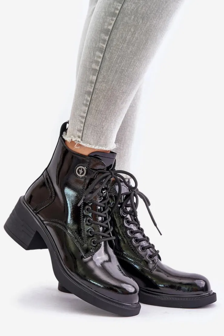 Damskie Damskie buty S.Barski Skórzane Lakierowane Botki Na Klocku Ocieplane D&A JC42-78 Czarne