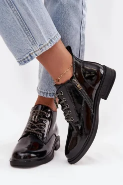D&A Botki Ocieplane|Botki Sznurowane*Skórzane Lakierowane Botki Damskie Z Ozdobnym Sznurowaniem MR52-124 Czarne