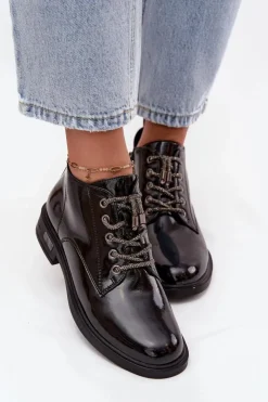 D&A Botki Ocieplane|Botki Sznurowane*Skórzane Lakierowane Botki Damskie Z Ozdobnym Sznurowaniem MR52-124 Czarne