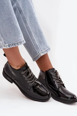 D&A Botki Ocieplane|Botki Sznurowane*Skórzane Lakierowane Botki Damskie Z Ozdobnym Sznurowaniem MR52-124 Czarne