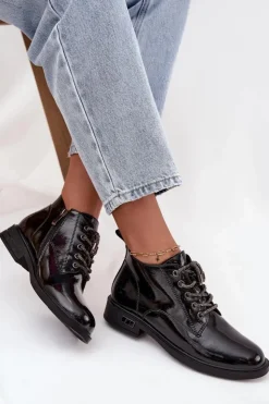 D&A Botki Ocieplane|Botki Sznurowane*Skórzane Lakierowane Botki Damskie Z Ozdobnym Sznurowaniem MR52-124 Czarne