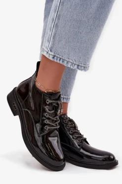 D&A Botki Ocieplane|Botki Sznurowane*Skórzane Lakierowane Botki Damskie Z Ozdobnym Sznurowaniem MR52-124 Czarne