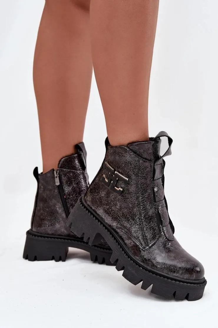 Clearance Artiker Skórzane Lakierowane Botki Damskie Z Ozdobą Ocieplane 57C2081 Grafitowe Szary