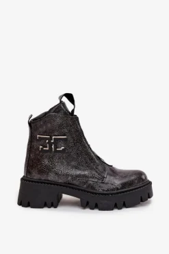 Clearance Artiker Skórzane Lakierowane Botki Damskie Z Ozdobą Ocieplane 57C2081 Grafitowe Szary