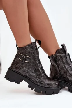 Clearance Artiker Skórzane Lakierowane Botki Damskie Z Ozdobą Ocieplane 57C2081 Grafitowe Szary