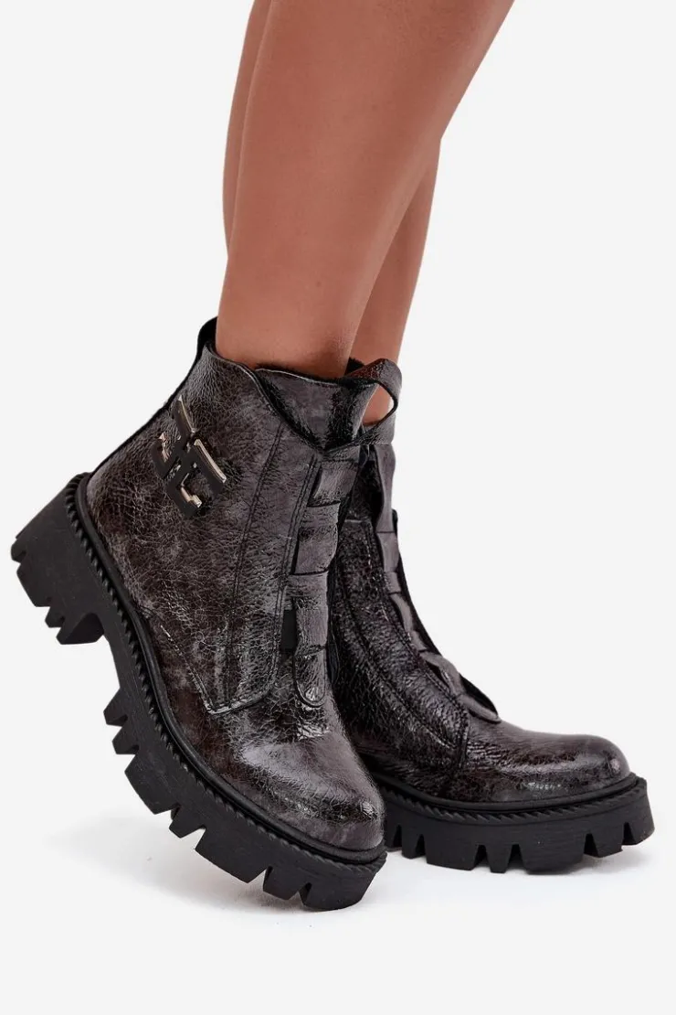 Clearance Artiker Skórzane Lakierowane Botki Damskie Z Ozdobą Ocieplane 57C2081 Grafitowe Szary