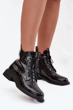 Damskie Boto Skórzane Lakierowane Botki Z Tłoczeniem Ocieplane Czarne Juviane